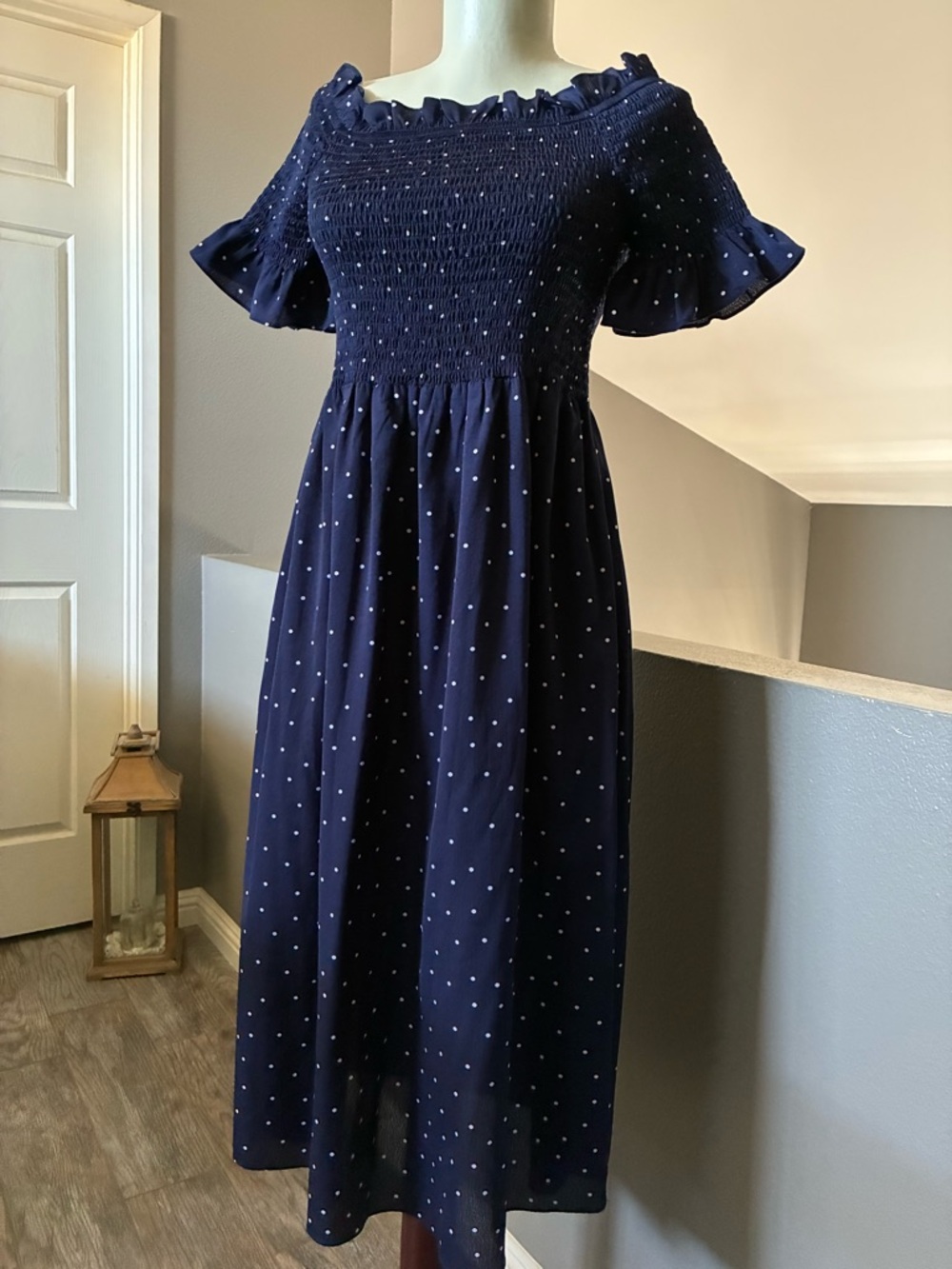 Navy Blue & White Polka Dot Off-the-Shoulder Dress Vine & Love Large
